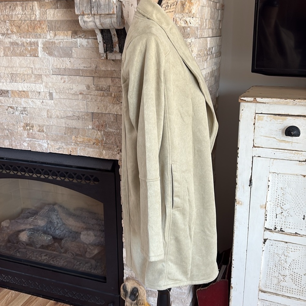 hem & thread tan long line open front light faux suede jacket with side pockets - Picture 8 of 16